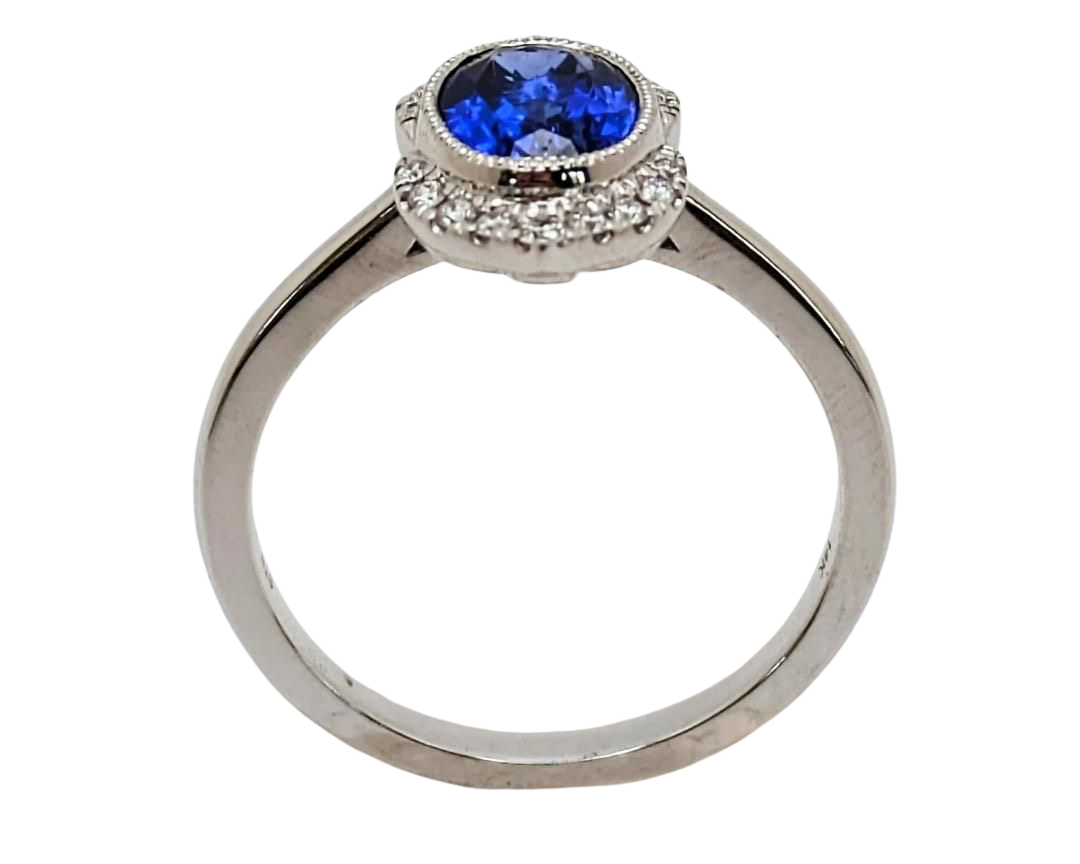 Tanzanite Ring with Milgrain Bezel and Pave Diamond Accents - White Gold