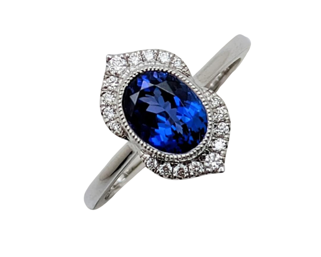 Tanzanite Ring with Milgrain Bezel and Pave Diamond Accents - White Gold