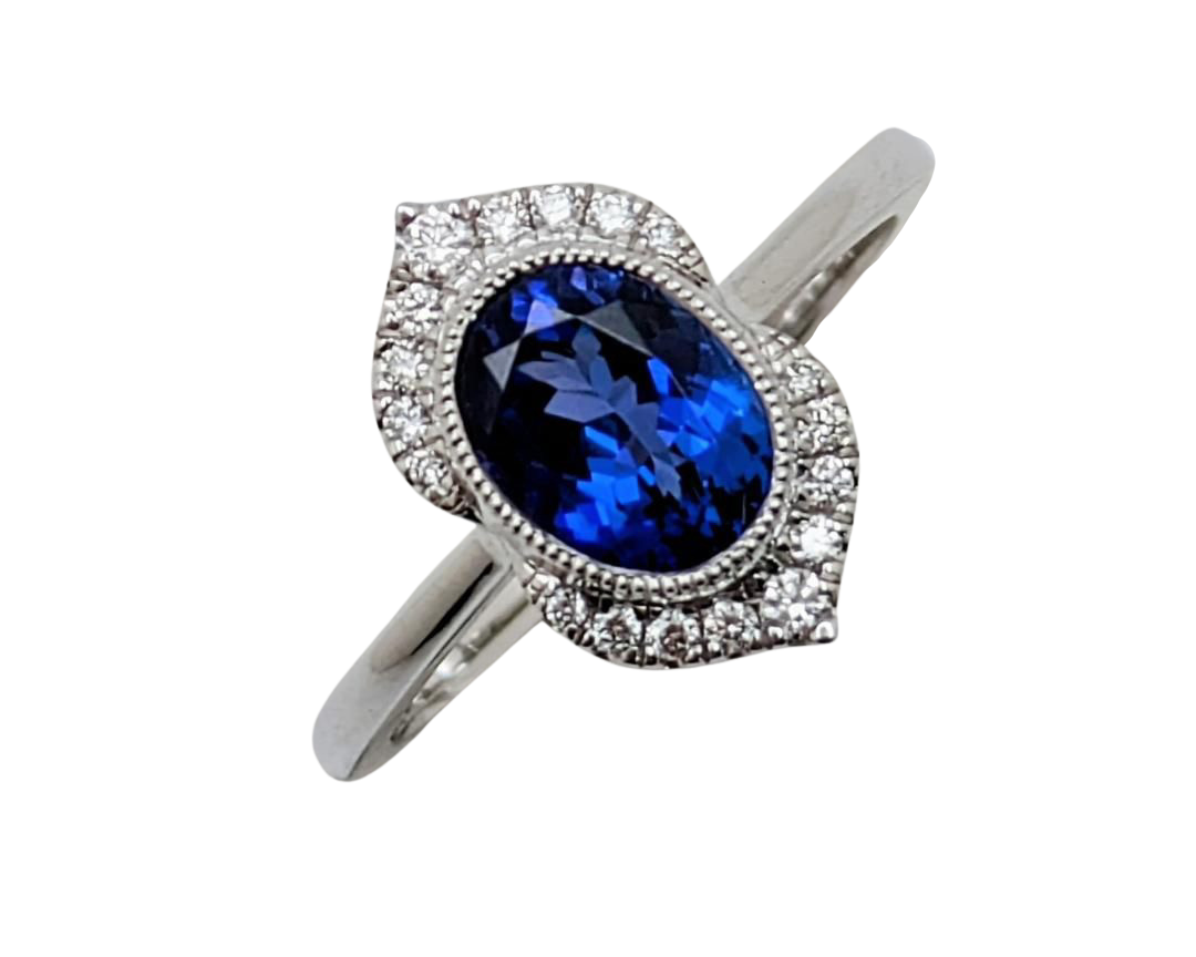 Tanzanite Ring with Milgrain Bezel and Pave Diamond Accents - White Gold