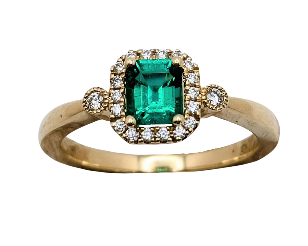 Emerald Cut Emerald Ring with Diamond Halo and Accents - Yellow Gold
