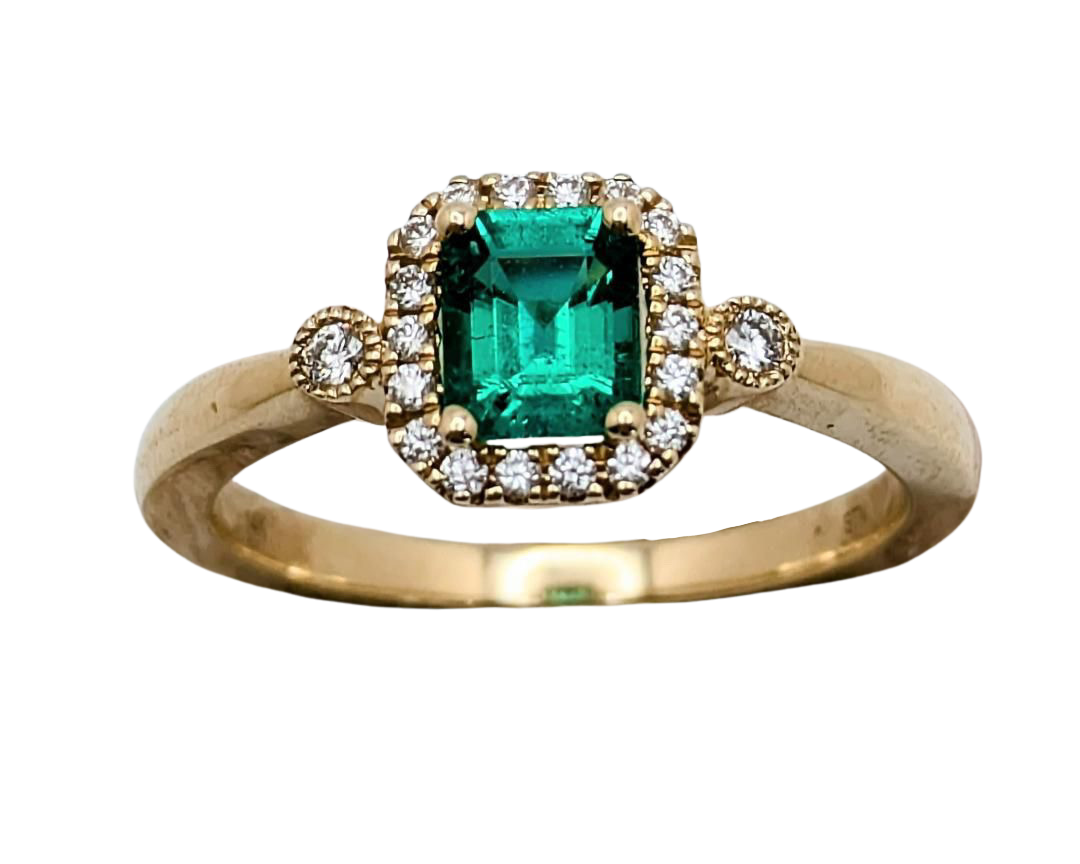 Emerald Cut Emerald Ring with Diamond Halo and Accents - Yellow Gold
