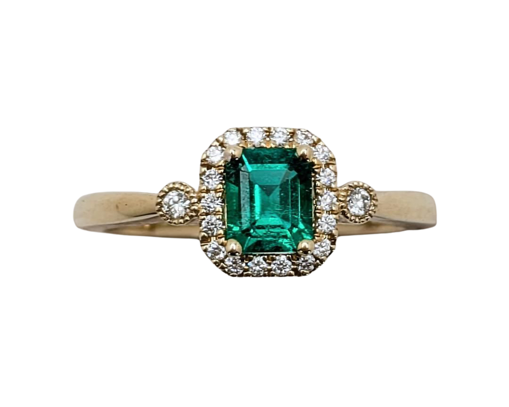 Emerald Cut Emerald Ring with Diamond Halo and Accents - Yellow Gold