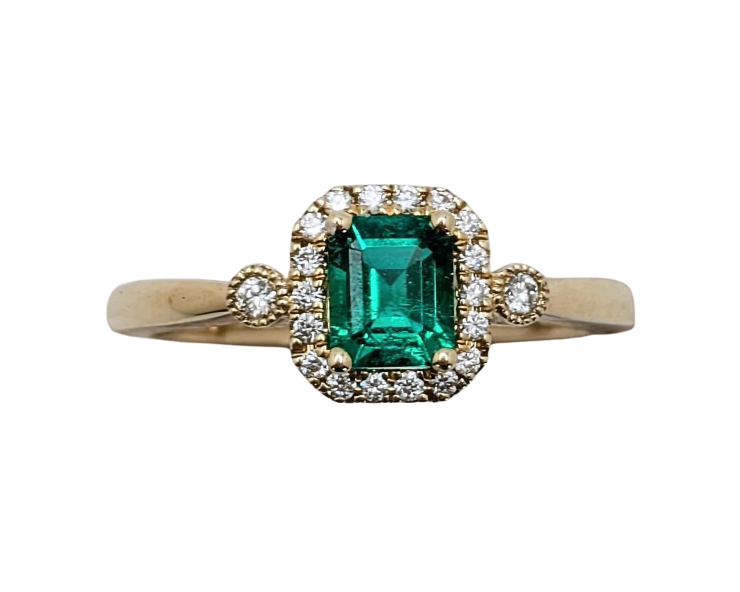 Emerald Cut Emerald Ring with Diamond Halo and Accents - Yellow Gold