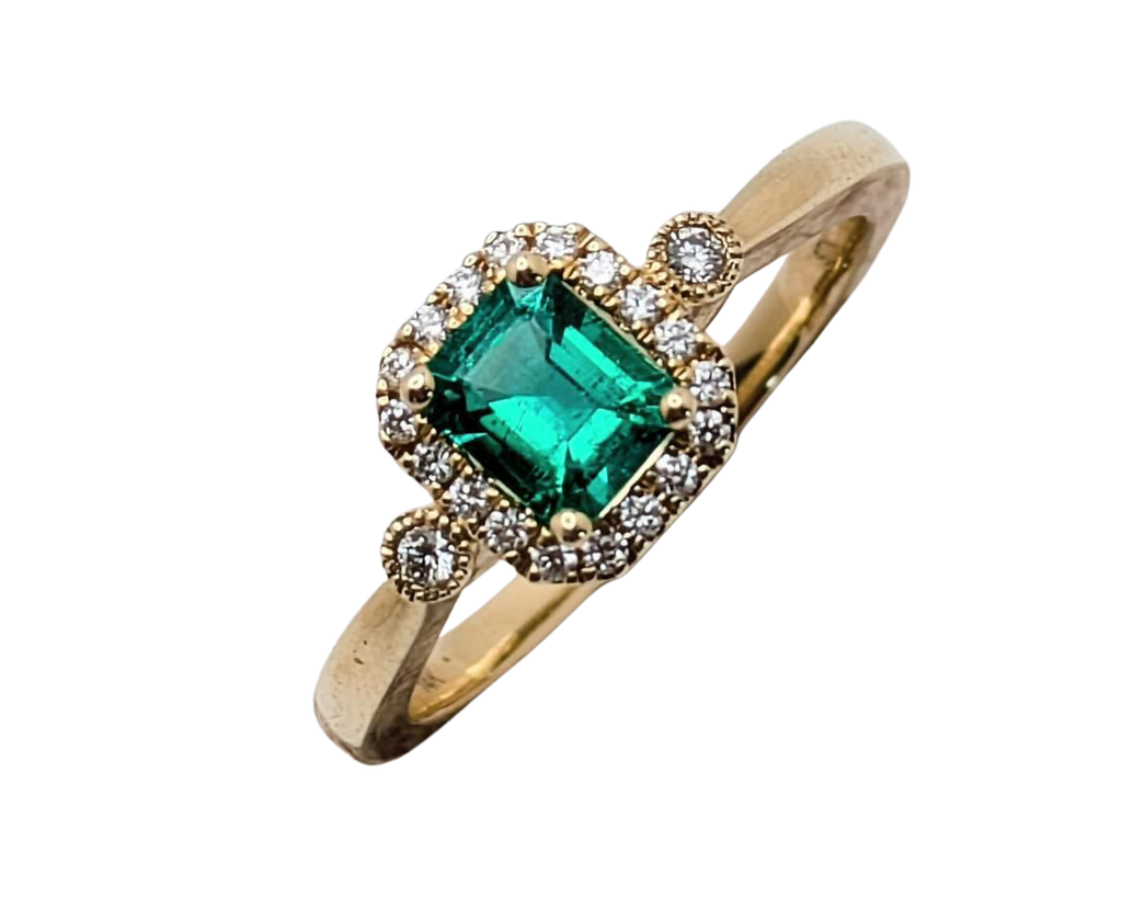 Emerald Cut Emerald Ring with Diamond Halo and Accents - Yellow Gold