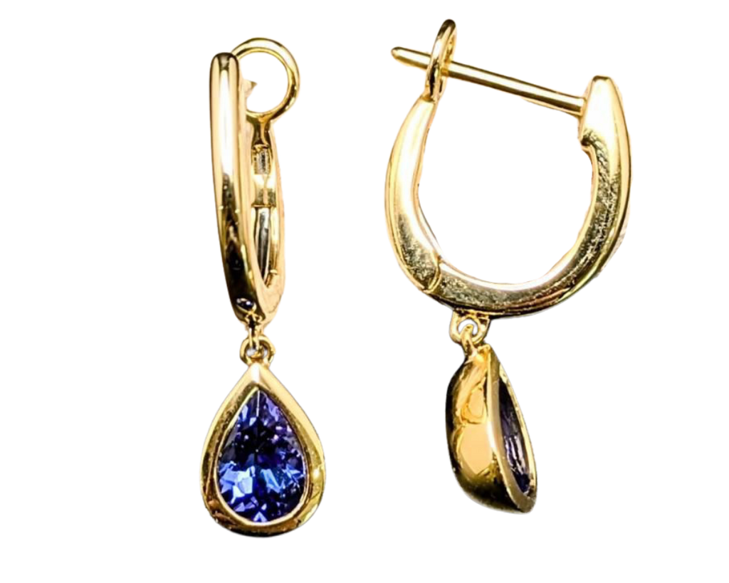Tanzanite Pear Shape Dangle Earrings - Yellow Gold