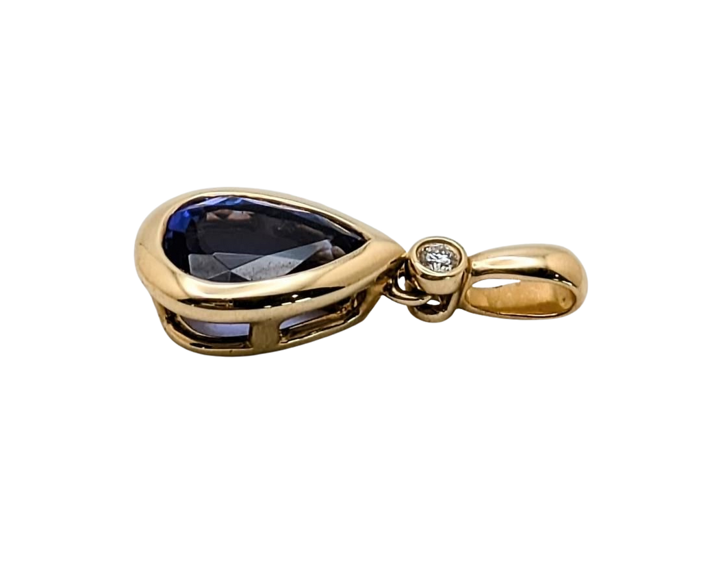 Tanzanite Pear Shape Drop Pendant with Diamond Accent - Yellow Gold