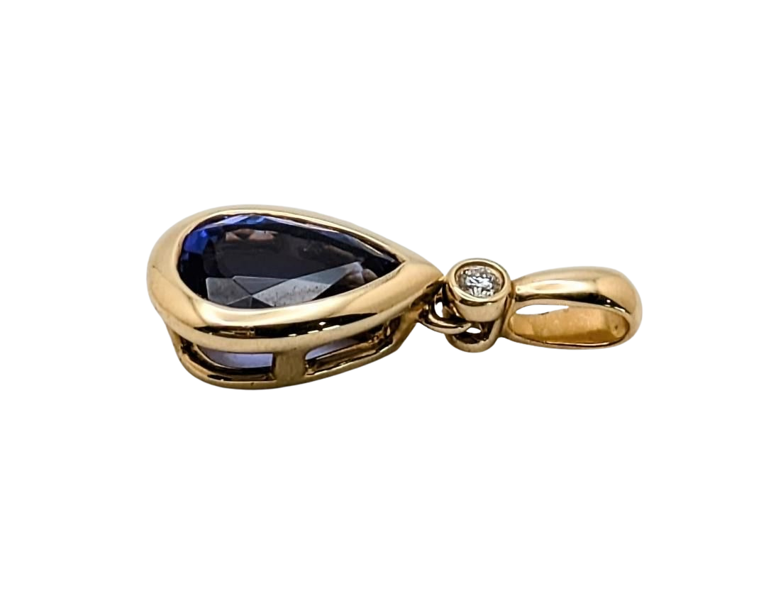 Tanzanite Pear Shape Drop Pendant with Diamond Accent - Yellow Gold