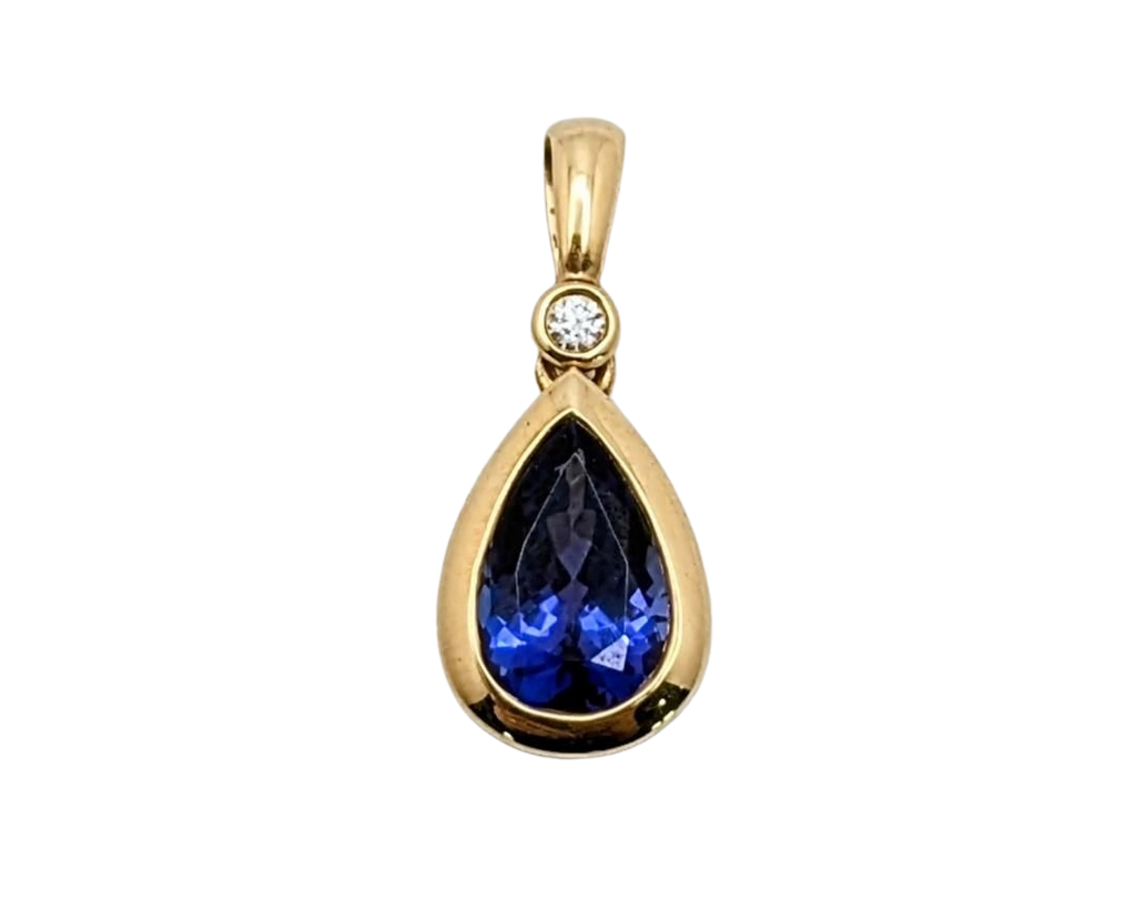 Tanzanite Pear Shape Drop Pendant with Diamond Accent - Yellow Gold