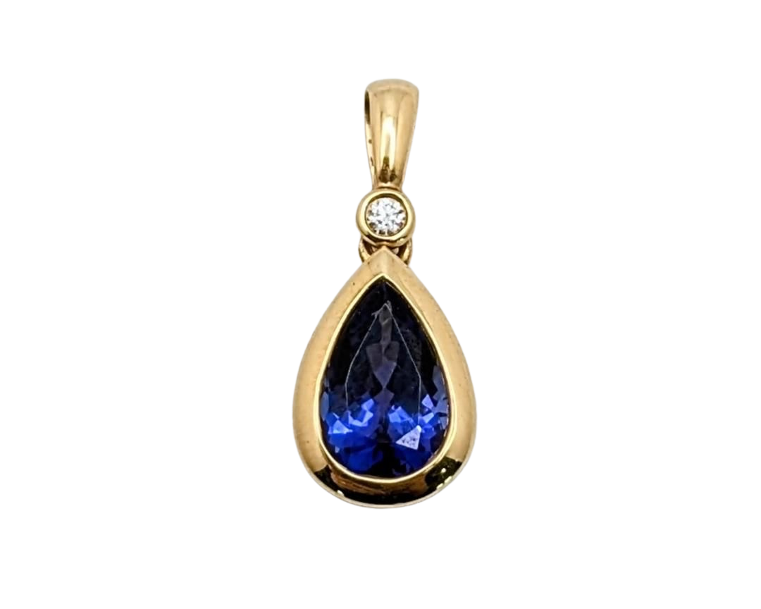 Tanzanite Pear Shape Drop Pendant with Diamond Accent - Yellow Gold