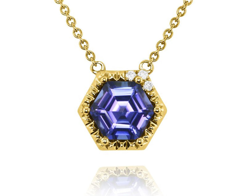 Hexagon Tanzanite Necklace with Diamond Accents - Yellow Gold