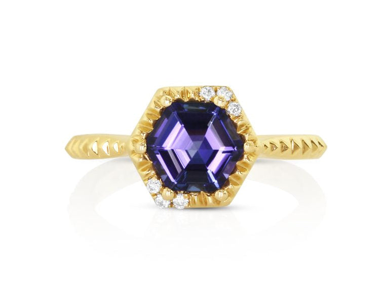 Hexagon Tanzanite Ring with Diamond Accents - Yellow Gold