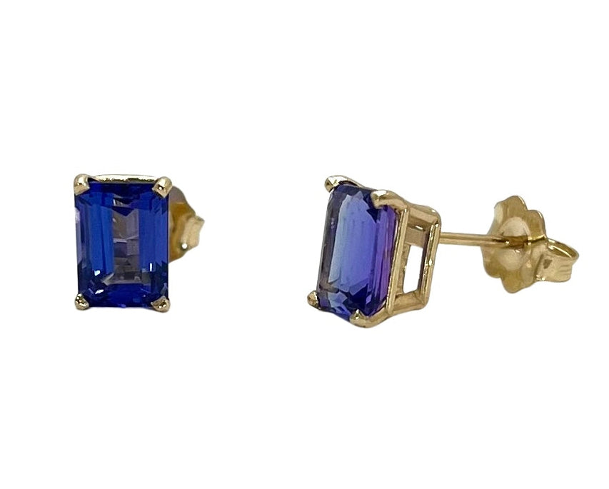 Emerald Cut Tanzanite Earrings - Yellow Gold