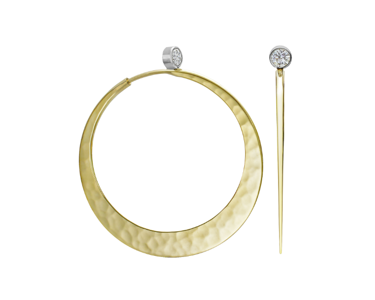Hammered Hoop Earrings with Diamond Accent - Two-Tone