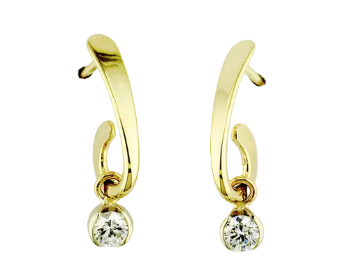 A pair of gold post 'j-hoop' earrings with a small round diamond dangling from the bottom, set against a plain white background.