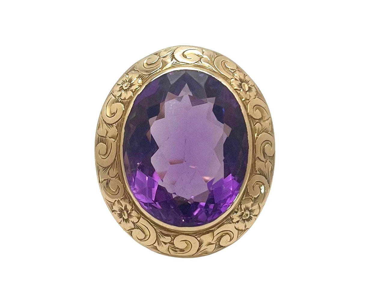 Mid-Century Amethyst Ring with Floral Frame - Yellow Gold