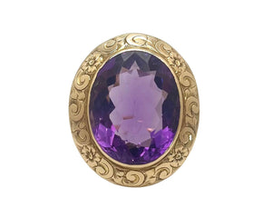 Mid-Century Amethyst Ring with Floral Frame - Yellow Gold