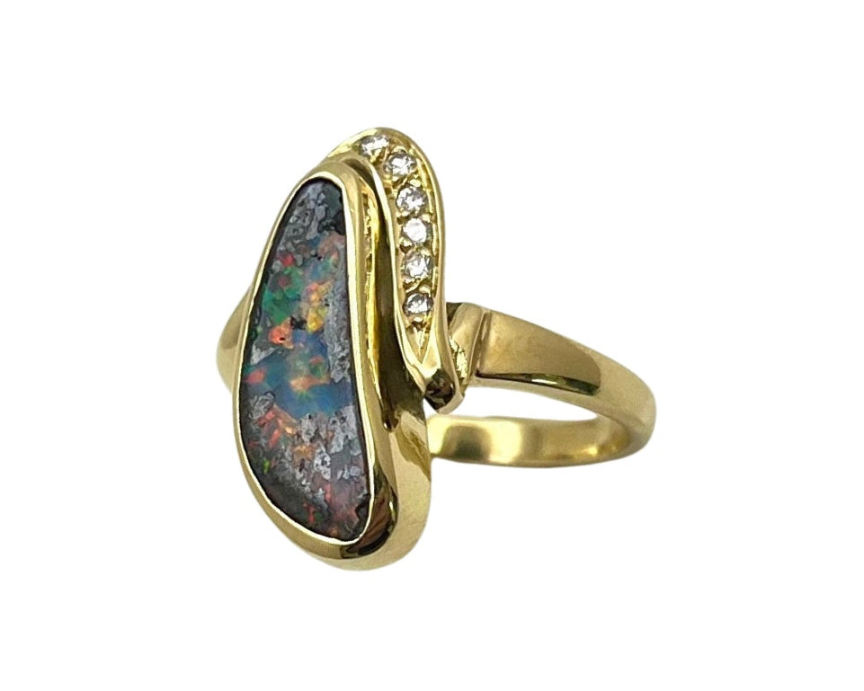 Freeform Boulder Opal Ring with Diamond Accents - Yellow Gold