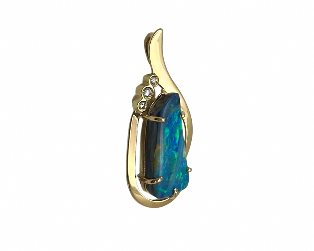 Freeform Boulder Opal Pendant with Diamond Accents - Yellow Gold