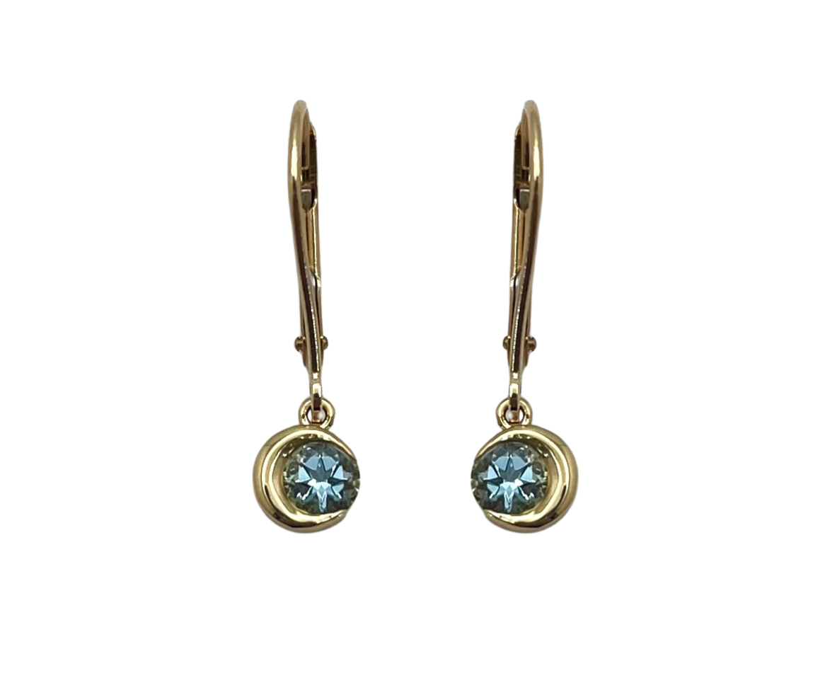 Crescent Moon Dangle Earrings with Aquamarine - Yellow Gold