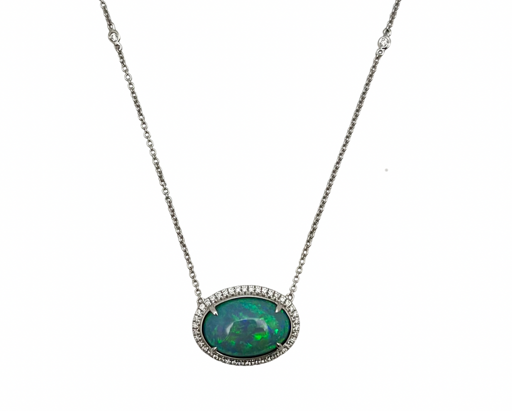 6.00ct Opal Necklace with Diamond Halo - White Gold