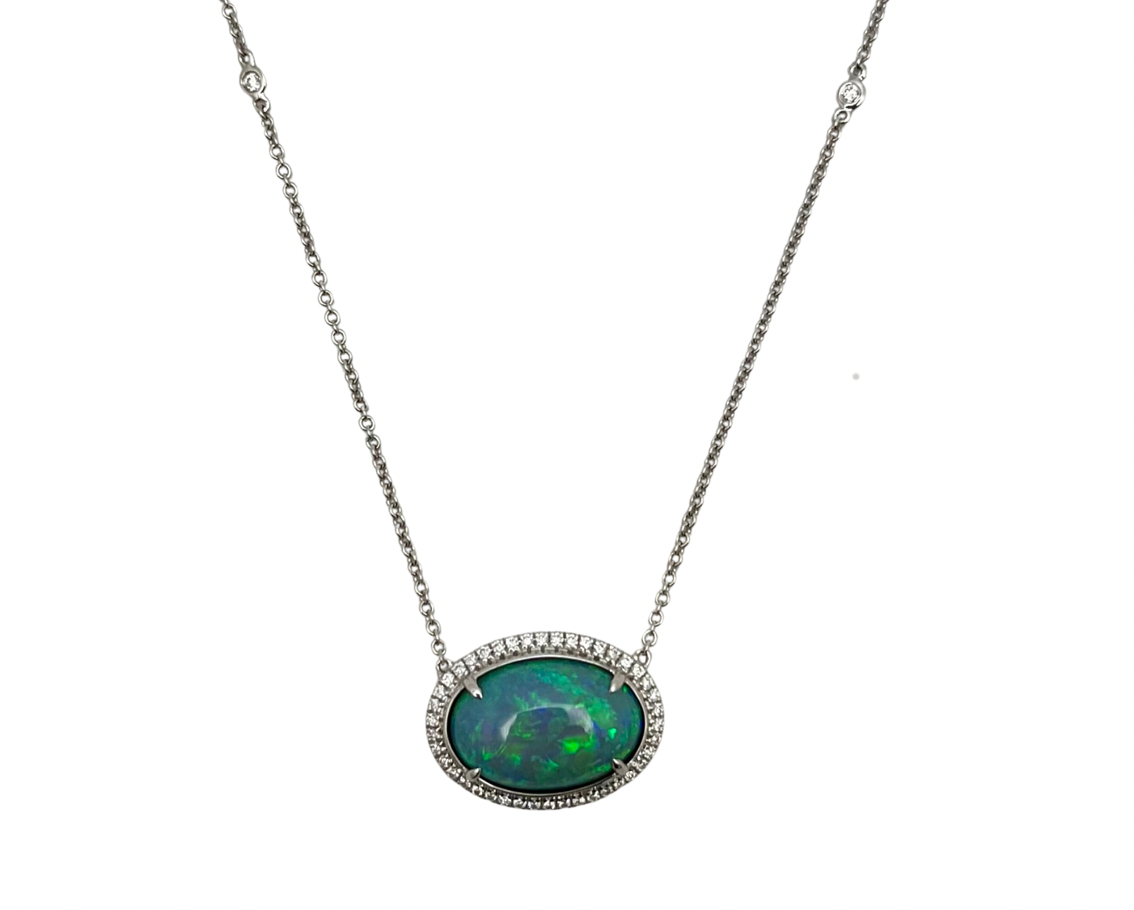 6.00ct Opal Necklace with Diamond Halo - White Gold