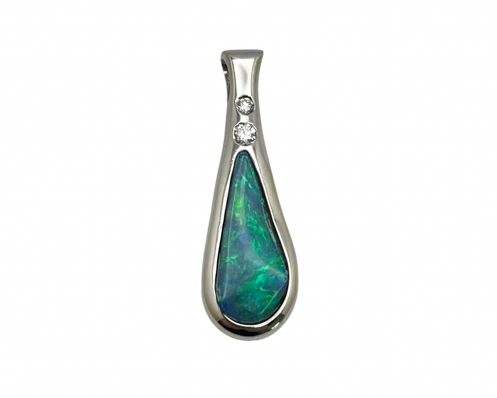 Boulder Opal Bezel Set Pendant with Diamond Accents - White Gold