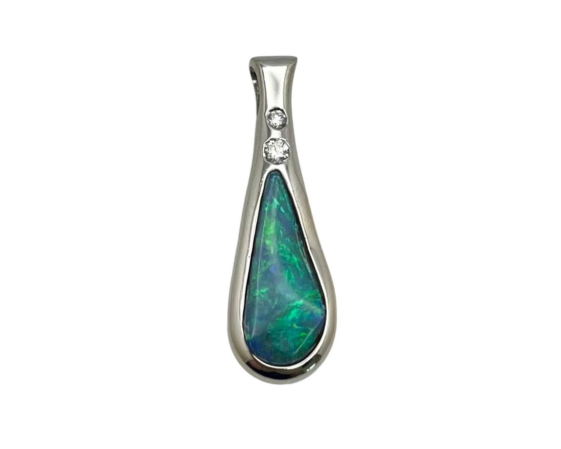 Boulder Opal Bezel Set Pendant with Diamond Accents - White Gold