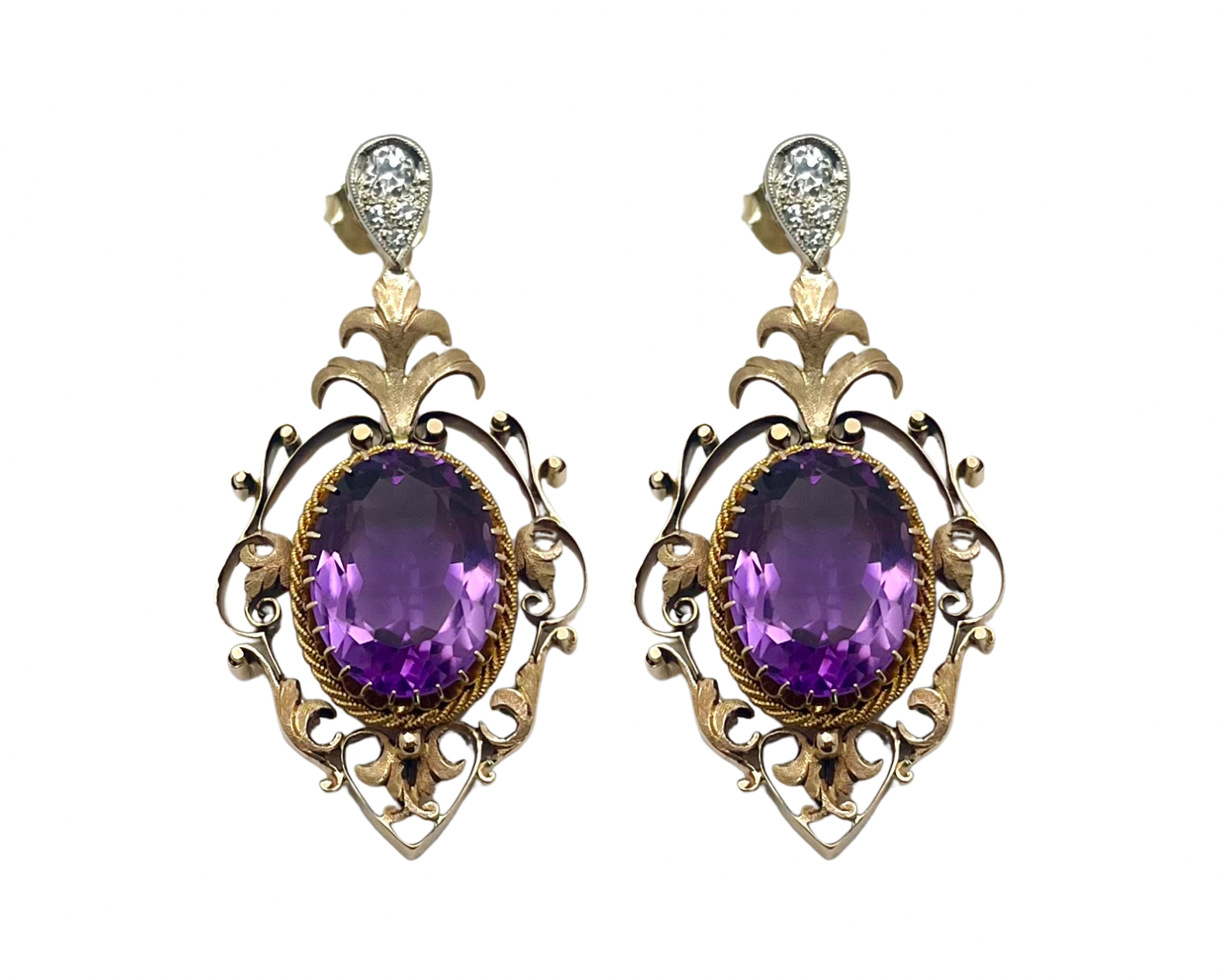 Victorian Era Amethyst Dangle Earrings - Two Tone