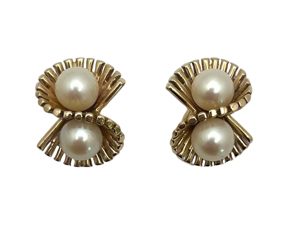 Pearl Earrings with Twisted Fan Design - Yellow Gold