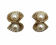 Load image into Gallery viewer, Pearl Earrings with Twisted Fan Design - Yellow Gold
