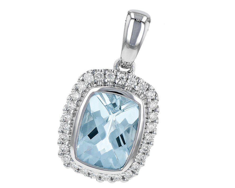 Aquamarine Pendant with Diamond Halo - White Gold