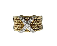 Load image into Gallery viewer, Diamond &quot;X&quot; Ring with Rope Design - Two Tone
