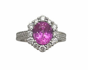 2.55ct Pink Sapphire Diamond Halo Ring - White Gold