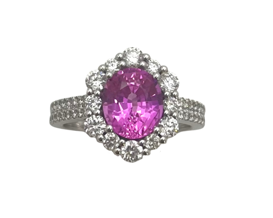 2.55ct Pink Sapphire Diamond Halo Ring - White Gold