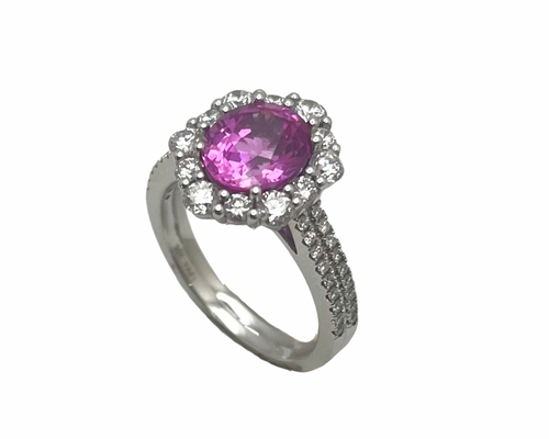 2.55ct Pink Sapphire Ring with Diamond Halo - White Gold