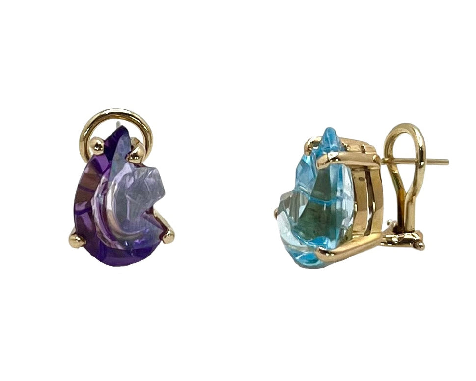 Blue Topaz and Amethyst Fancy Pear Shaped Earrings - Yellow Gold