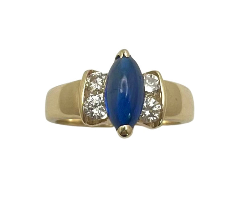 Marquise Cabochon Sapphire Ring with Accent Diamonds - Yellow Gold