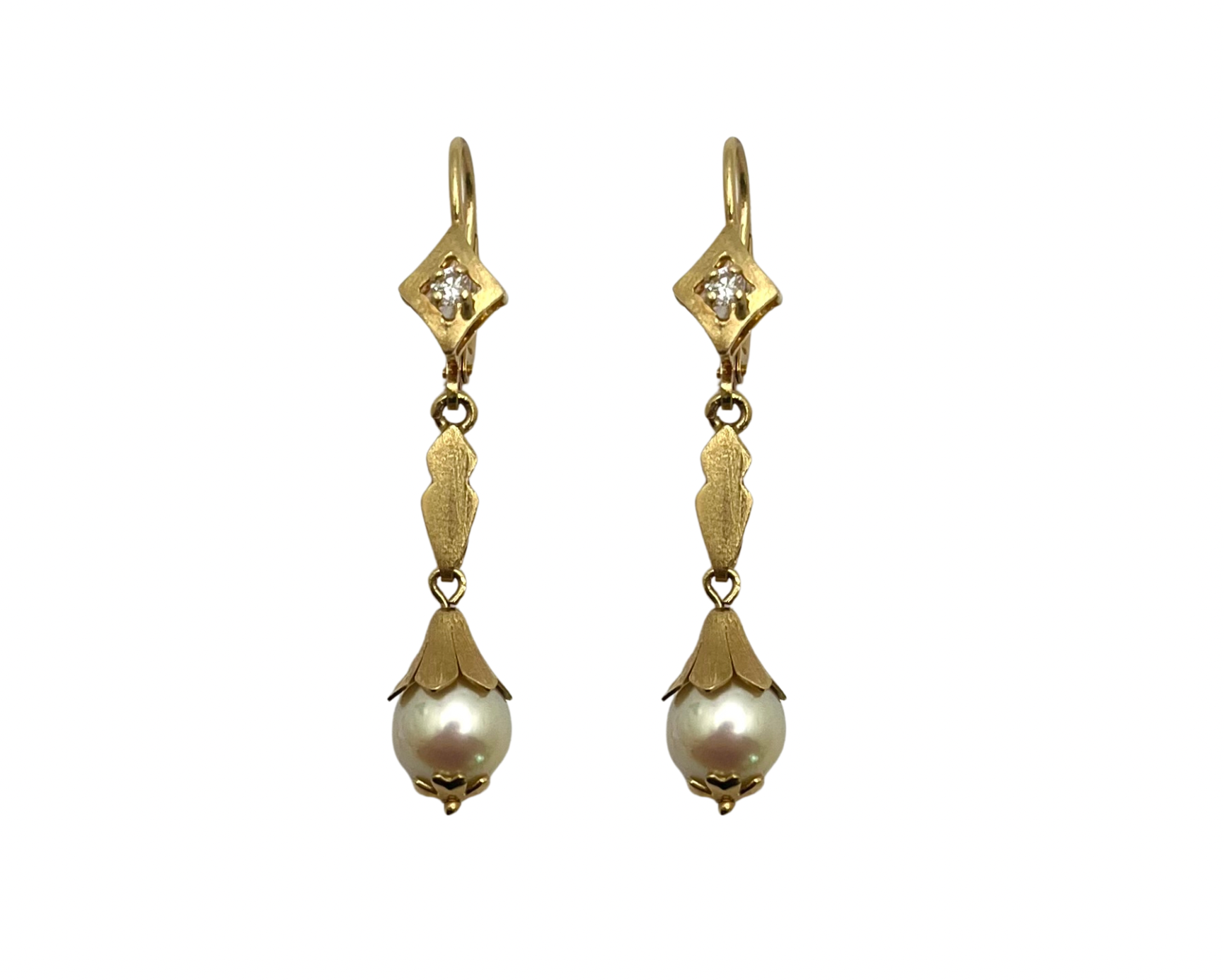 Mid-Century Pearl Dangle Earrings with Diamond Accents - Yellow Gold