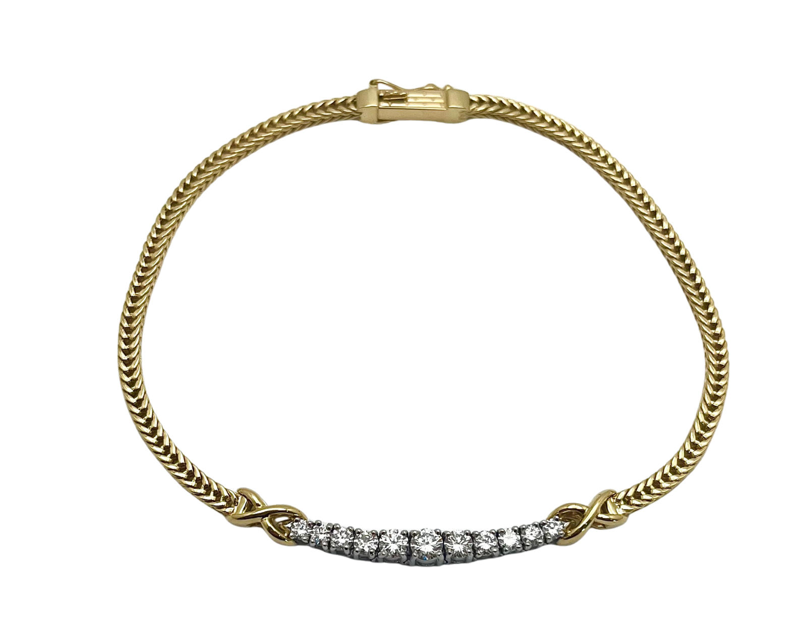 Square Wheat Link Bracelet with Graduated Diamond Center - Two Tone