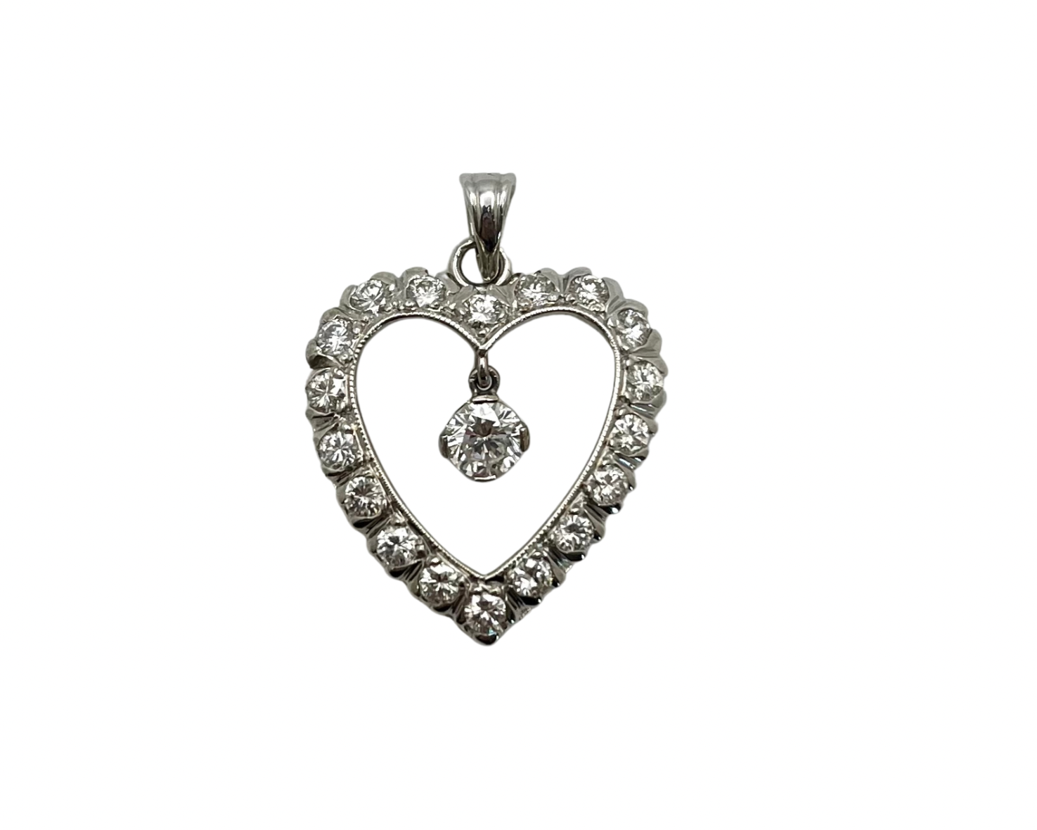 Mid-Century Diamond Heart Pendant with Dangle Diamond Center - White Gold