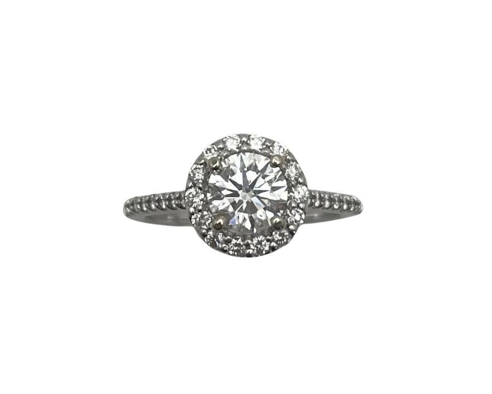 1.00ct Round Cut Diamond Halo Ring with Diamond Accented Band - White Gold