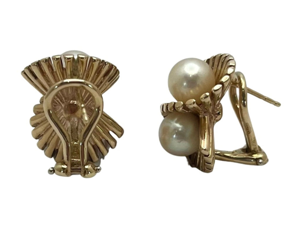 Pearl Earrings with Twisted Fan Design - Yellow Gold