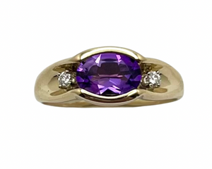 Oval Amethyst Ring with Accent Diamonds - Yellow Gold