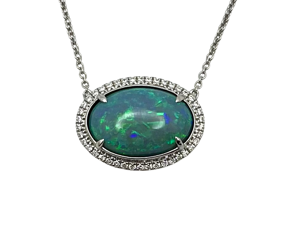 6.00ct Opal Necklace with Diamond Halo - White Gold