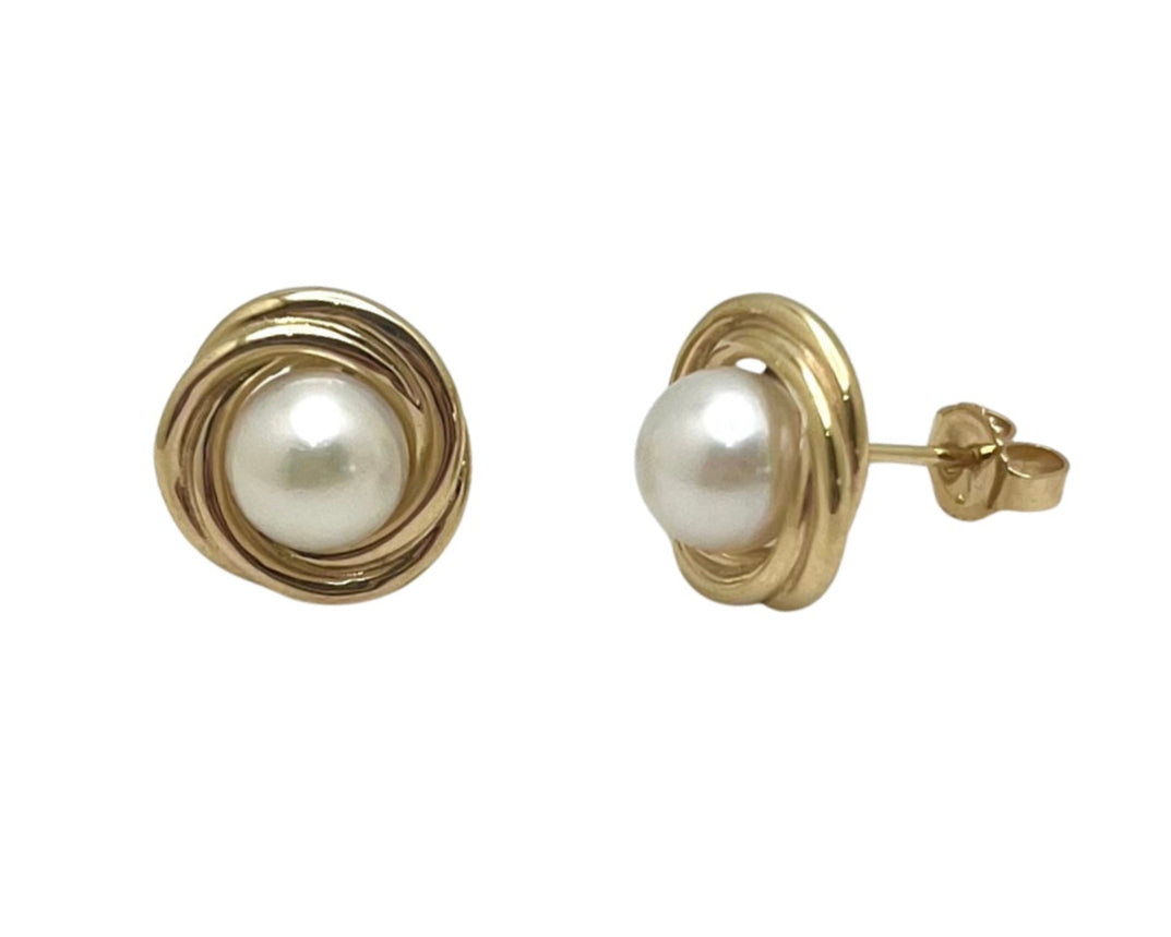 Pearl Earrings with Knot Design Frames - Yellow Gold