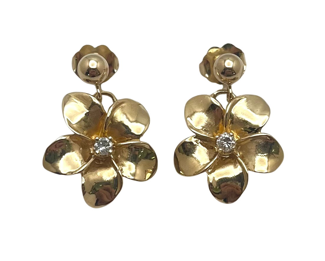 Plumeria Dangle Earrings with Diamond Accents - Yellow Gold