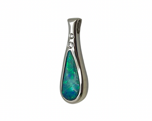 Boulder Opal Bezel Set Pendant with Diamond Accents - White Gold