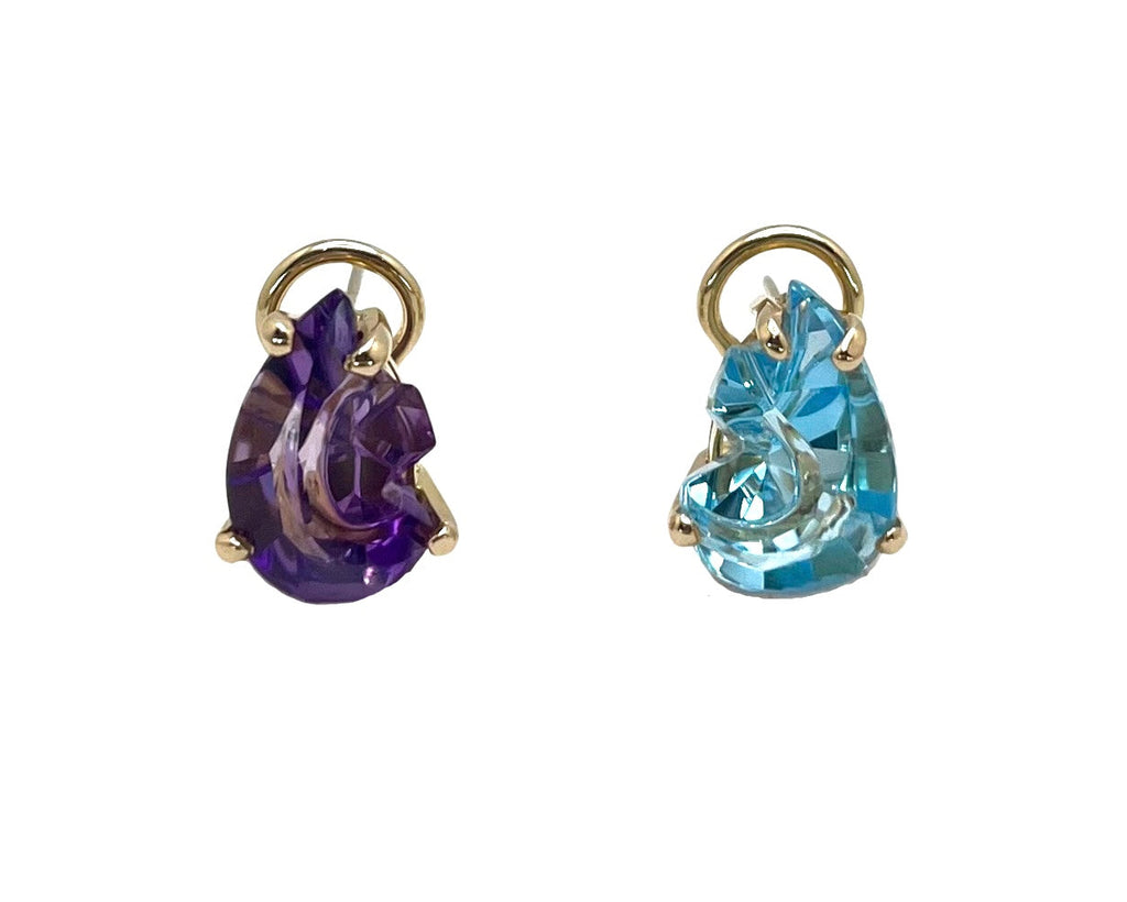Blue Topaz and Amethyst Fancy Pear Shaped Earrings - Yellow Gold