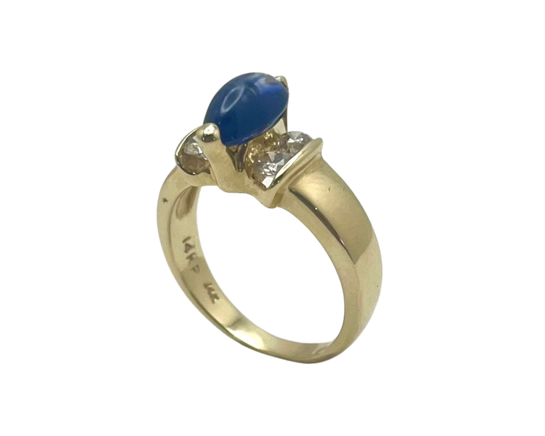 Marquise Cabochon Sapphire Ring with Accent Diamonds - Yellow Gold