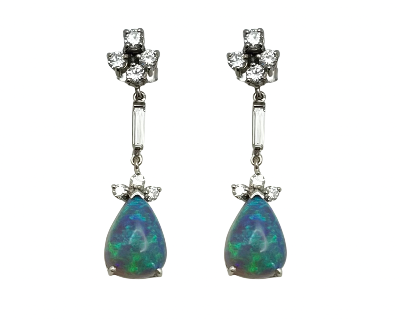 Mid-Century Opal and Diamond Dangle Earrings - White Gold